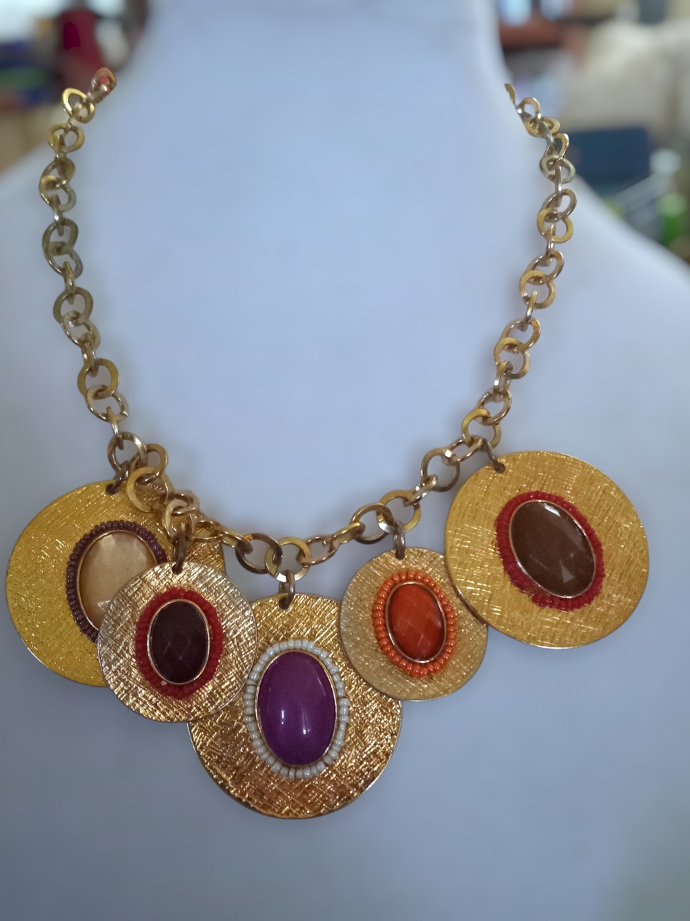 Gold Multi-Stone Pendant Necklace - Purple, Orange, Brown Accents